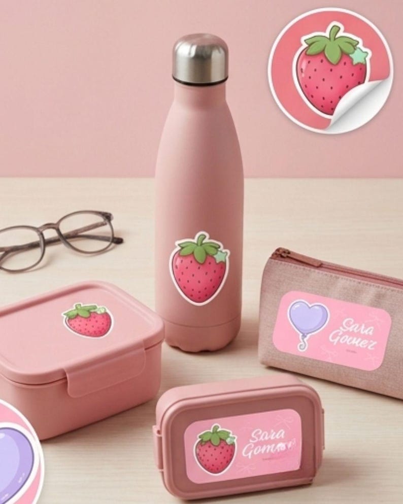 Cute Strawberry & Cherry Name Labels | Editable Canva Template | Pink ...