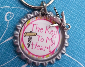 The Key to my Heart Bottle Cap Keychain with corkscrew charm