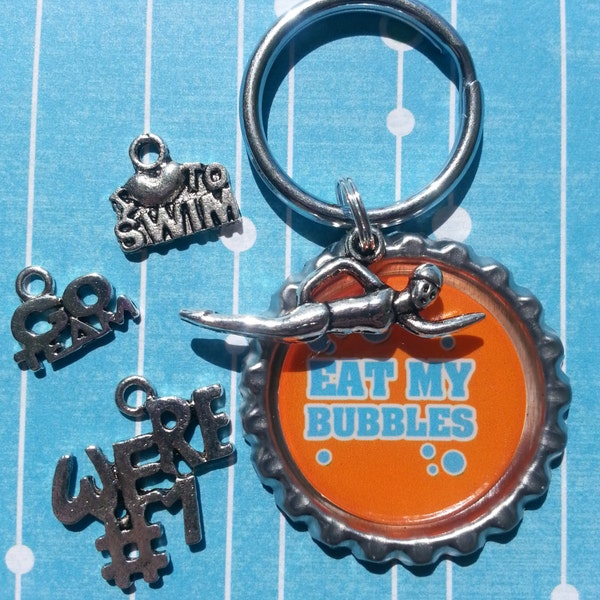 Eat My Bubbles Swim Bottle Cap Keychain or Zipperpull - Available in Orange, Yellow, Red, Pink or Purple