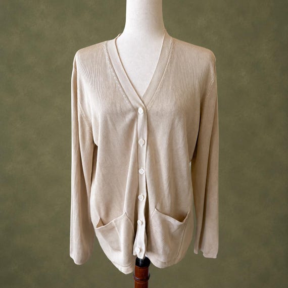 Liz Claiborne, Vintage Silk 90s Liz Claiborne Cardigan Beige V Neck Button Front Sweater with Pockets