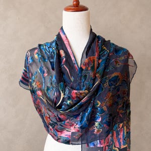 Vintage Silk Velvet Burnout Scarf Sheer Navy Multicolor Floral Art Nouveau Devore Shawl Wrap