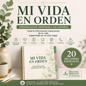 Puede incluir: Un organizador de espiral titulado MI VIDA EN ORDEN con un diseño de hojas de eucalipto verdes. La portada incluye el texto ORGANIZADOR MAESTRO DE VIDA. Contiene 20 secciones para información personal, salud, finanzas y contactos.