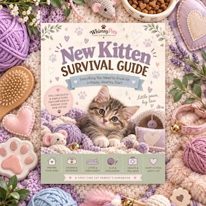 May include: A New Kitten Survival Guide book featuring a brown tabby kitten on the cover, surrounded by pet supplies including yarn balls, a cat-shaped bowl, a brush, a collar, and a toy mouse, all set against a soft, textured purple background.