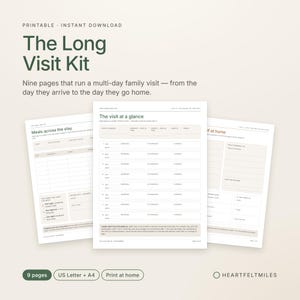 May include: A printable nine-page document titled The Long Visit Kit, featuring organized templates for planning multi-day family visits. The pages include sections for meals across the stay, a visit at a glance schedule, and guest information.
