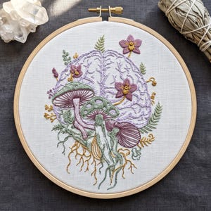May include: An embroidery hoop containing white fabric with a hand-stitched design of a human brain in light purple thread. The brain is surrounded by green and purple mushrooms, small purple flowers, and green fern-like foliage with golden roots.