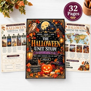 May include: A 32-page Halloween unit study workbook featuring a central cover with a black cat, pumpkin, and witch hat, flanked by two educational activity sheets titled Halloween Through Time and Halloween Around the World with maps and text.