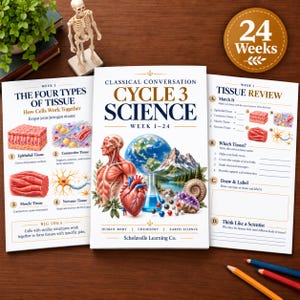 Może przedstawiać: Edukacyjny zeszyt ćwiczeń Classical Conversation Cycle 3 Science Week 1-24 z ilustracją anatomii człowieka, globusem, górskim krajobrazem, sercem i zlewką. Okładka zawiera tekst Scholavelle Learning Co. oraz 24 Weeks.
