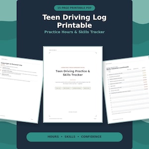 Könnte beinhalten: Ein 15-seitiges druckbares PDF mit dem Titel Teen Driving Log Printable Practice Hours & Skills Tracker. Das Dokument enthält eine Copyright-Seite, eine Haupttitelseite für den Teen Driving Practice & Skills Tracker und eine Checkliste.