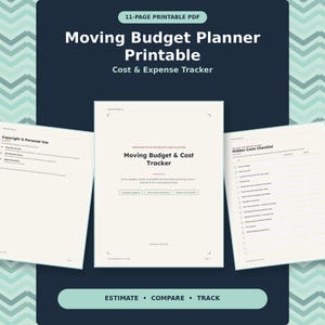 Könnte beinhalten: Ein 11-seitiger, druckbarer PDF-Umzugsbudgetplaner mit Kosten- und Ausgabenverfolgung. Das Dokument enthält eine Seite zu Urheberrecht und privater Nutzung, eine Hauptseite zur Budgetverfolgung und eine Checkliste für versteckte Kosten.