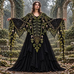 Könnte beinhalten: Ein bodenlanges schwarzes Kleid mit einem breiten, kunstvollen Überwurf. Der Überwurf ist mit grünen Blattmustern, Spinnennetzmotiven und kleinen, hellen Pilzverzierungen versehen, die über die Schultern und die Brust drapiert sind.