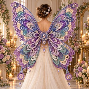 May include: Large decorative butterfly wings featuring intricate lace-like patterns in shades of purple, blue, and cream. The wings are adorned with small sparkling crystals and dangling teardrop-shaped gems, creating a detailed, layered appearance.