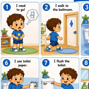 May include: A colorful educational poster titled Potty Training Steps for Boys, featuring ten numbered cartoon panels. Each panel illustrates a young boy in a blue shirt and shorts performing sequential steps from needing to go to celebrating success.
