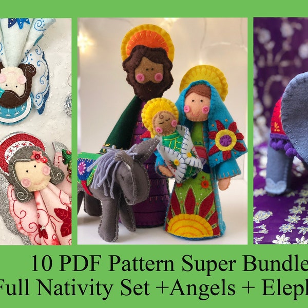 Nativity, Angels, Elephant 10 Pattern PDF Bundle ~ Full 15 Piece Nativity Patterns + Angels + Elephant DIY Free-Standing Felt Nativity Set