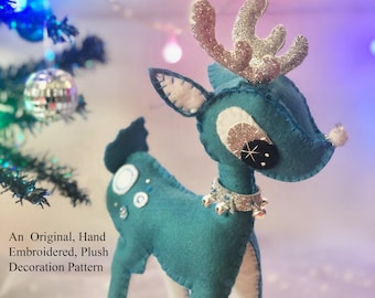 PDF Reindeer Hand Embroidered Plush Felt Toy or Decoration Pattern - Instant Download, DIY Embroidered Christmas Felt Art