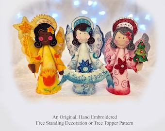 Angels ~ PDF Angel Decoration or Tree Topper pattern Hand Embroidery Instant Download, DIY Embroidered Felt Free-Standing