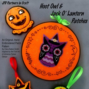 Hoot Owl & Jack O' Lantern Pattern ~ a PDF hand embroidered patch pattern. In partnership with Johanna Parker Design, JDP Partners in Craft