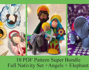 Nativity, Angels, Elephant 10 Pattern PDF Bundle ~ Full 15 Piece Nativity Patterns + Angels + Elephant DIY Free-Standing Felt Nativity Set