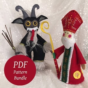 May include: A PDF pattern bundle for making felt Christmas ornaments. The pattern includes a red and green Saint Nicholas figure and a black and white Krampus figure.