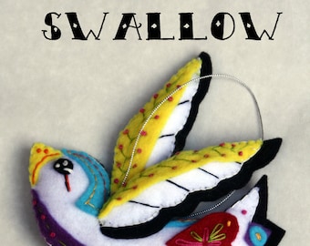 The Swallow ~ a PDF pattern for a hand embroidered felt bird ornament Instant Download, DIY Ornament