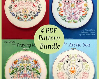 4 PDF Embroidery Pattern Bundle - Microscopic, The World of the Praying Mantis, Inhabitants of Lake Xochimilco & Under the Arctic Sea