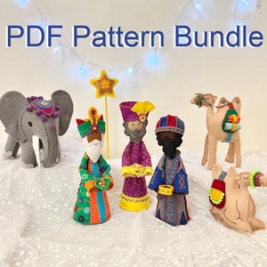 4 PDF Pattern Bundle ~ Three Kings, Melchior & Camel, Balthazar, Caspar and Elephant, DIY Embroidered Felt Free-Standing Nativity