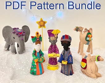 4 PDF Pattern Bundle ~ Three Kings, Melchior & Camel, Balthazar, Caspar and Elephant, DIY Embroidered Felt Free-Standing Nativity