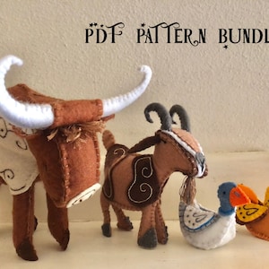May include: A PDF pattern bundle for sewing felt animal toys. The bundle includes patterns for a brown cow, a brown goat, a white duck, and a yellow chicken.