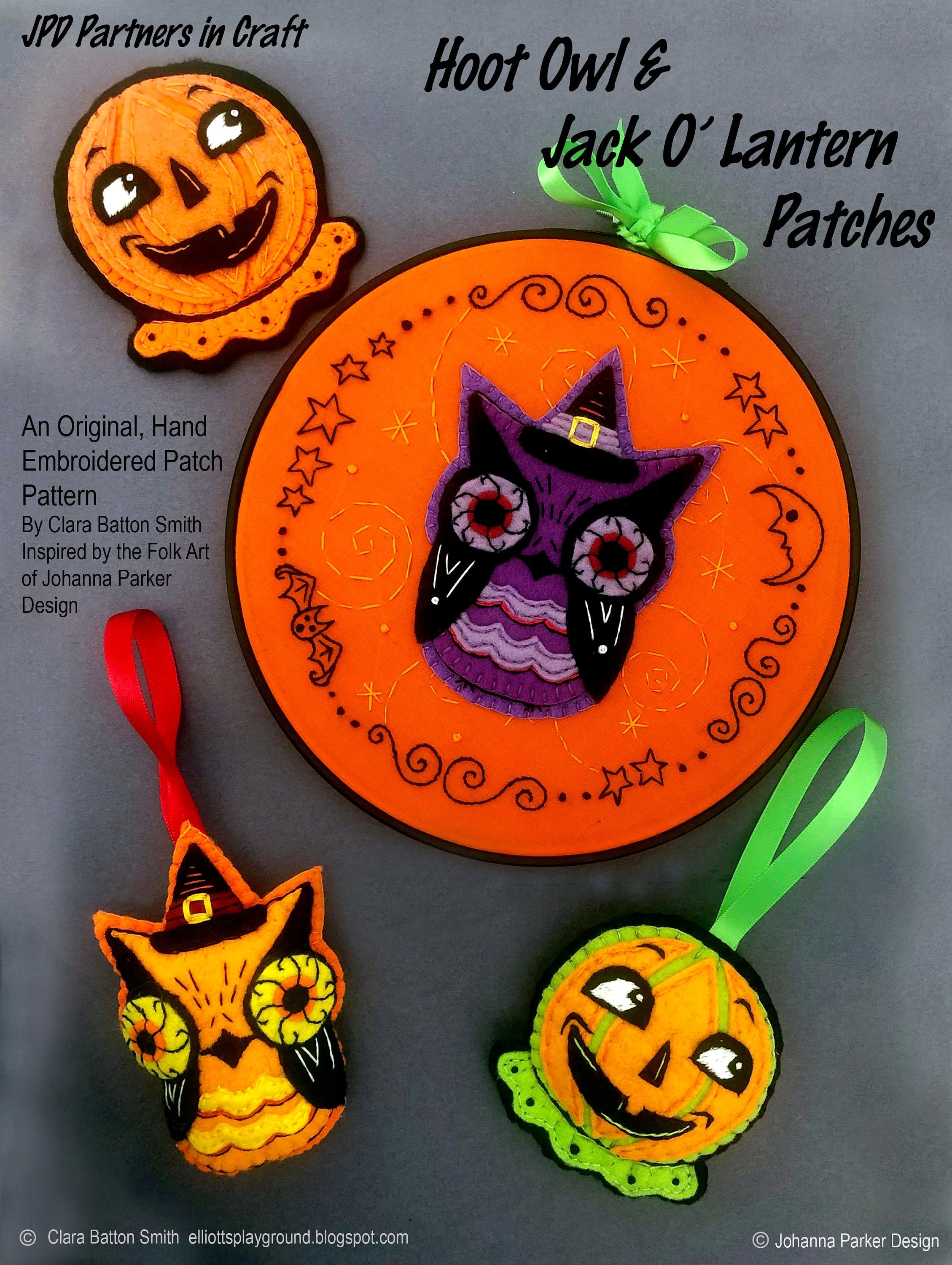 Hoot Owl & Jack O' Lantern Pattern ~ a PDF hand embroidered patch pattern. In partnership wi