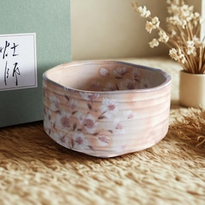 Seto Ware Matcha Bowl, Gohonde Sakura Chawan, Japanese Ceramic Tea Bowl, Cherry Blossom Pottery, Handmade Gift Boxed Chawan