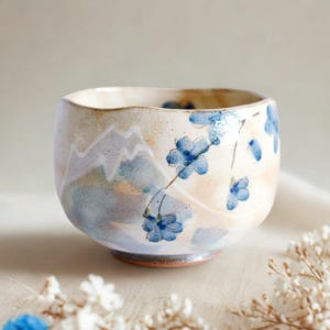 Hasami Ware Matcha Bowl, Fuji Mountain Sakura Design, Japanese Kohiki Ceramic Chawan