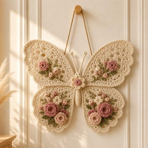 Könnte beinhalten: Ein cremefarbener Häkel-Schmetterling als Wandbehang mit komplizierten spitzenartigen Flügelmustern, verziert mit dreidimensionalen gehäkelten rosa und weißen Blumen sowie grünen Blättern. Der Schmetterling ist an einer braunen Schnur aufgehängt.