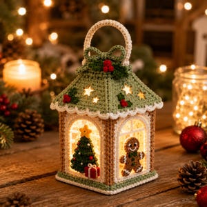 Pode incluir: Uma lanterna de crochê com telhado verde-sálvia e alça creme, decorada com bagas vermelhas e folhas verdes. Os lados exibem uma árvore de Natal verde com uma estrela amarela e um boneco de gengibre marrom, iluminados por dentro.