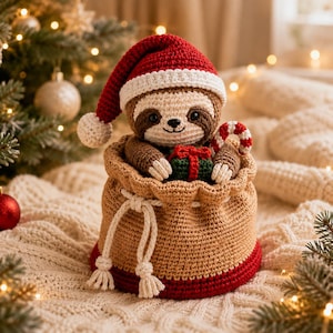WZÓR NA SZYDEŁKOWY KOSZYCZEK PREZENTOWY Z LENIWCEM – Leniwiec amigurumi w czapce Mikołaja z koszyczkiem ze ściągaczem, pudełkiem prezentowym i laską cukrową – PDF