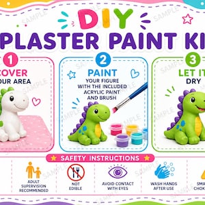 Può includere: Un kit per dipingere il gesso fai-da-te con istruzioni grafiche che mostrano una statuetta di dinosauro bianca, una statuetta verde dipinta, un pennello e vasetti di vernice. Il testo include DIY PLASTER PAINT KIT e icone di sicurezza.