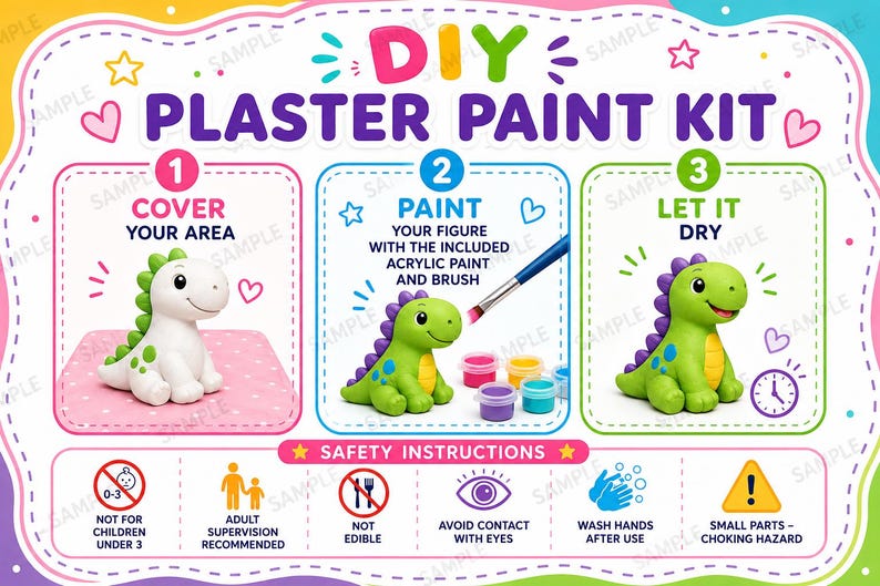 K&ouml;nnte beinhalten: Ein DIY-Gips-Malset mit einer illustrierten Anleitung, die eine wei&szlig;e Dinosaurierfigur, eine bemalte gr&uuml;ne Figur, einen Pinsel und kleine Farbt&ouml;pfe zeigt. Der Text enth&auml;lt DIY PLASTER PAINT KIT, Schritte 1-3 und Sicherheitssymbole.