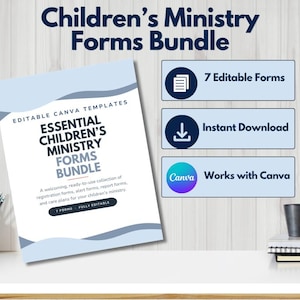 Könnte beinhalten: Ein digitales Dokument mit dem Titel Children's Ministry Forms Bundle, das sieben bearbeitbare Canva-Vorlagen enthält. Das Dokument umfasst Anmelde-, Warn- und Berichtsformulare mit blauen Wellenmustern. Drei rechteckige Felder listen 7 Editable Forms, Instant Download und Works with Canva auf.