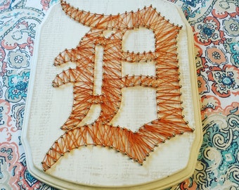 Detroit Tigers Decor, Sports Decor, Nail and String Art, Burnt Orange, Distressed, Baseball Decor