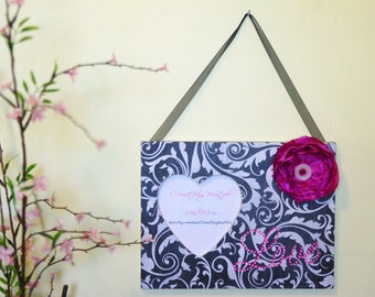 Heart Picture Frame, Black and white Damask With Pink Satin Flower, Love