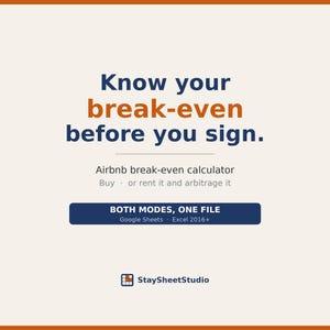 May include: A digital spreadsheet file titled Airbnb break-even calculator with the text Know your break-even before you sign. It includes the subtext Buy or rent it and arbitrage it, a button labeled BOTH MODES, ONE FILE, and the brand StaySheetStudio.