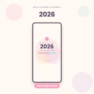 Puede incluir: Un planificador diario y diario digital para 2026 mostrado en la pantalla de un teléfono inteligente. La interfaz presenta un icono de cerdo rosa, el texto My Year in Pages 2026 y A Daily Planner & Journal - 365 Days. Un botón rosa dice 365 FILLABLE PAGES.