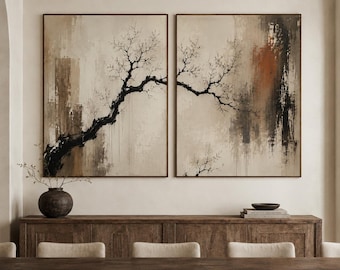Groot neutraal beige boomdiptiek wanddecoratie, handgeschilderd olieverfschilderij met textuur, Japandi Wabi-Sabi decoratie voor moderne woonkamer en slaapkamer