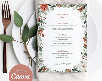 Editable Holiday Menu Template - Holiday Watercolor Botanical Frame, Holiday Menu Template, Edit in Canva, Christmas Holiday Dinner Menu