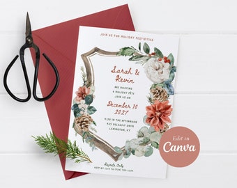 Editable Holiday Menu Template - Holiday Watercolor Botanical Frame, Holiday Menu Template, Edit in Canva, Christmas Holiday Dinner Menu