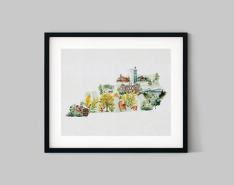 Kentucky Icons State Outline Watercolor Digital Download - Hometown Series Digital Print, Kentucky State Outline Home Decor, Housewarming
