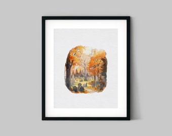 Autumn Scenes Series #2 - Cottage Goth Hand Painted Watercolor Prints, Watercolor Style Decor, Watercolor Illustration Print, Housewarming