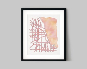 Minimal Watercolor Map of Chicago - Minimalistic Map Series Chicago City Map, Home Decor Print, Geographic Illustration, Housewarming Gift