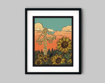 Sunflowers and Sunsets - Limited Edition Summer Solstice Print - Summer Magic Print, Comic Book Style, Warm Summer colors, house warming