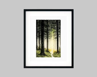 Firefly Forest Watercolor Print - Nature Lover Cottagecore Series, Watercolor Style Home Decor, Lightning Bug Firefly Print, Housewarming