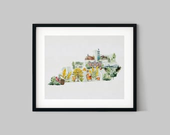 Kentucky Icons State Outline Watercolor Print - Hometown Series, Kentucky State Outline Home Decor, Library Illustration Print, Housewarming