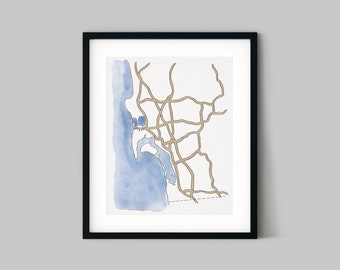 Minimal Watercolor Map of San Diego - Minimalistic Map Series San Diego City Map Home Decor Print, Geographic Illustration Housewarming Gift